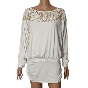 Boston Proper Women's Lace blouson Top off white/ Ivory long sleeve Size M NWT